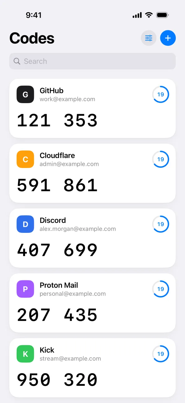 The Codes screen in Authenticator App - Novaz, listing accounts with their current six-digit codes